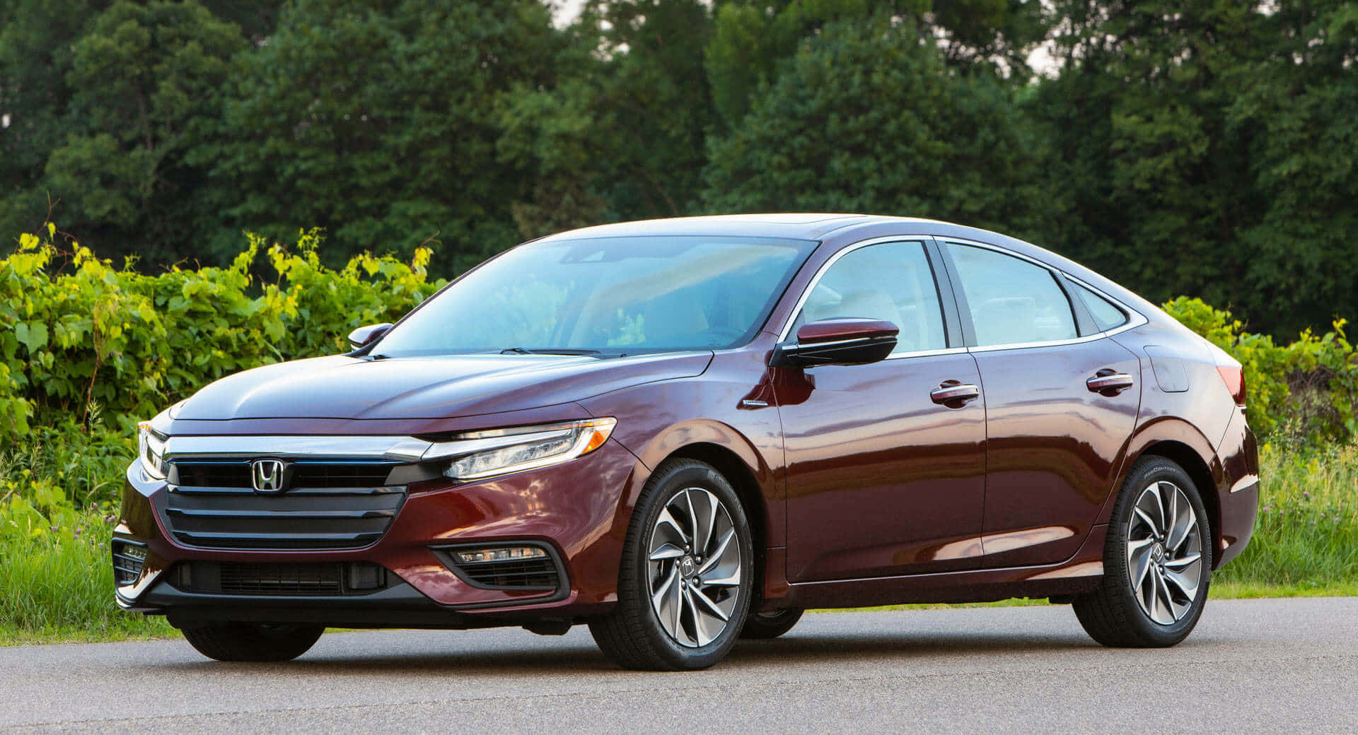 Honda Insight 桌布 壁紙 — 一輛時尚的酒紅色本田轎車在柔和日光下閃耀，停在鋪砌的道路旁，周圍是茂密的綠植。