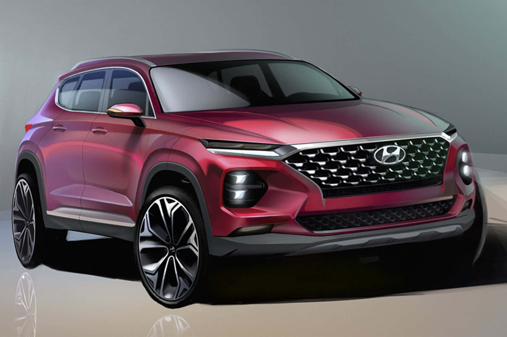 Hyundai 桌布 壁紙 — 一輛時尚的酒紅色現代SUV，配有大膽的格柵和鋒利的前燈，在攝影棚燈光下閃閃發光。