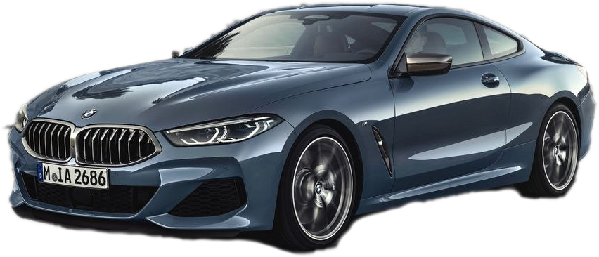BMW 動圖 桌布 壁紙 — 一輛時尚的金屬藍色BMW 8系列轎跑車，線條銳利，車頭燈發光，背景透明。