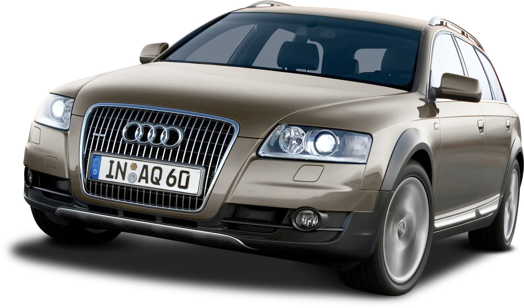 Audi Logo 桌布 壁紙 — 一輛時尚的金色Audi Allroad SUV，配備發光頭燈，在純黑背景上蓄勢待發。
