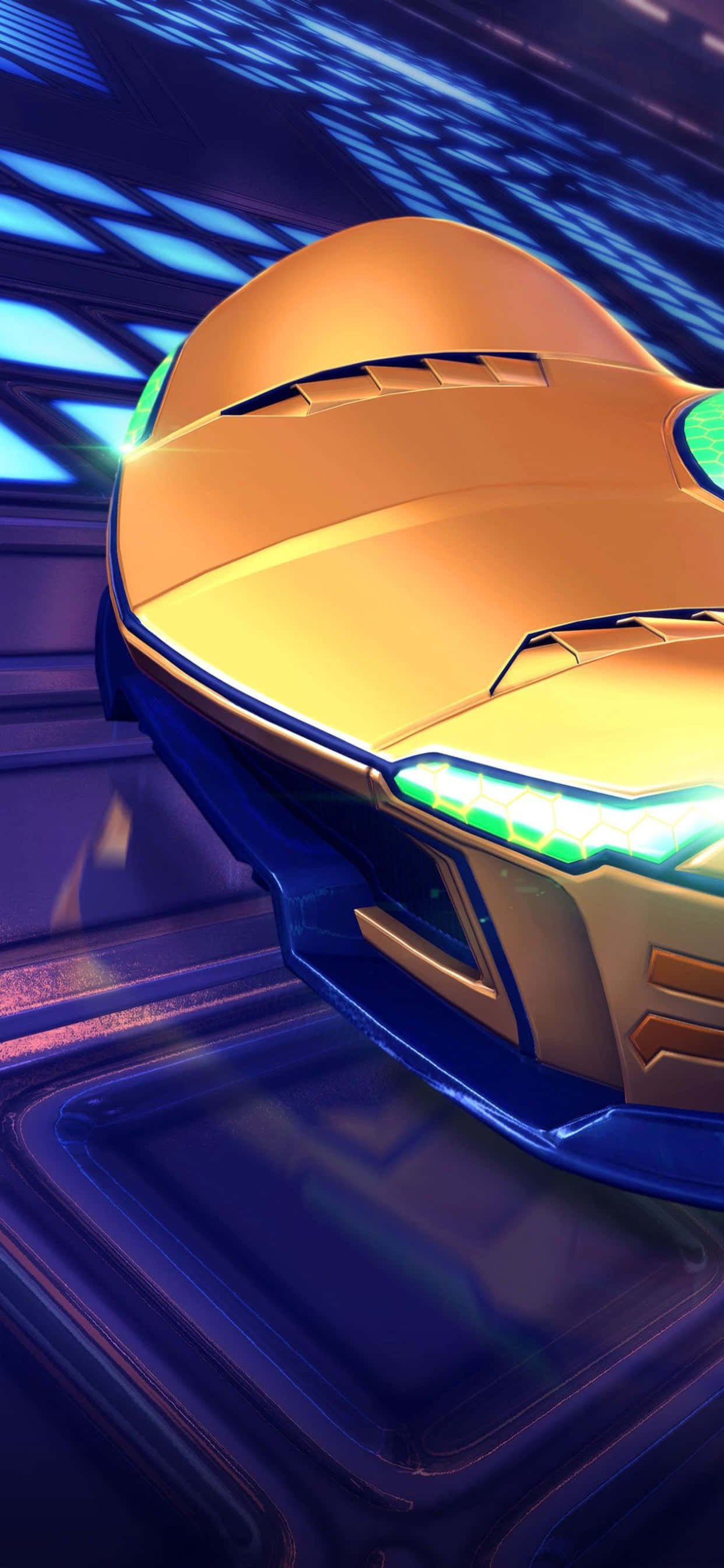 iPhone Xs Max Rocket League 桌布 壁紙 — 一輛時尚的金色和藍色未來主義汽車，帶有發光的綠色裝飾，停放在霓虹燈下的高科技車庫中。
