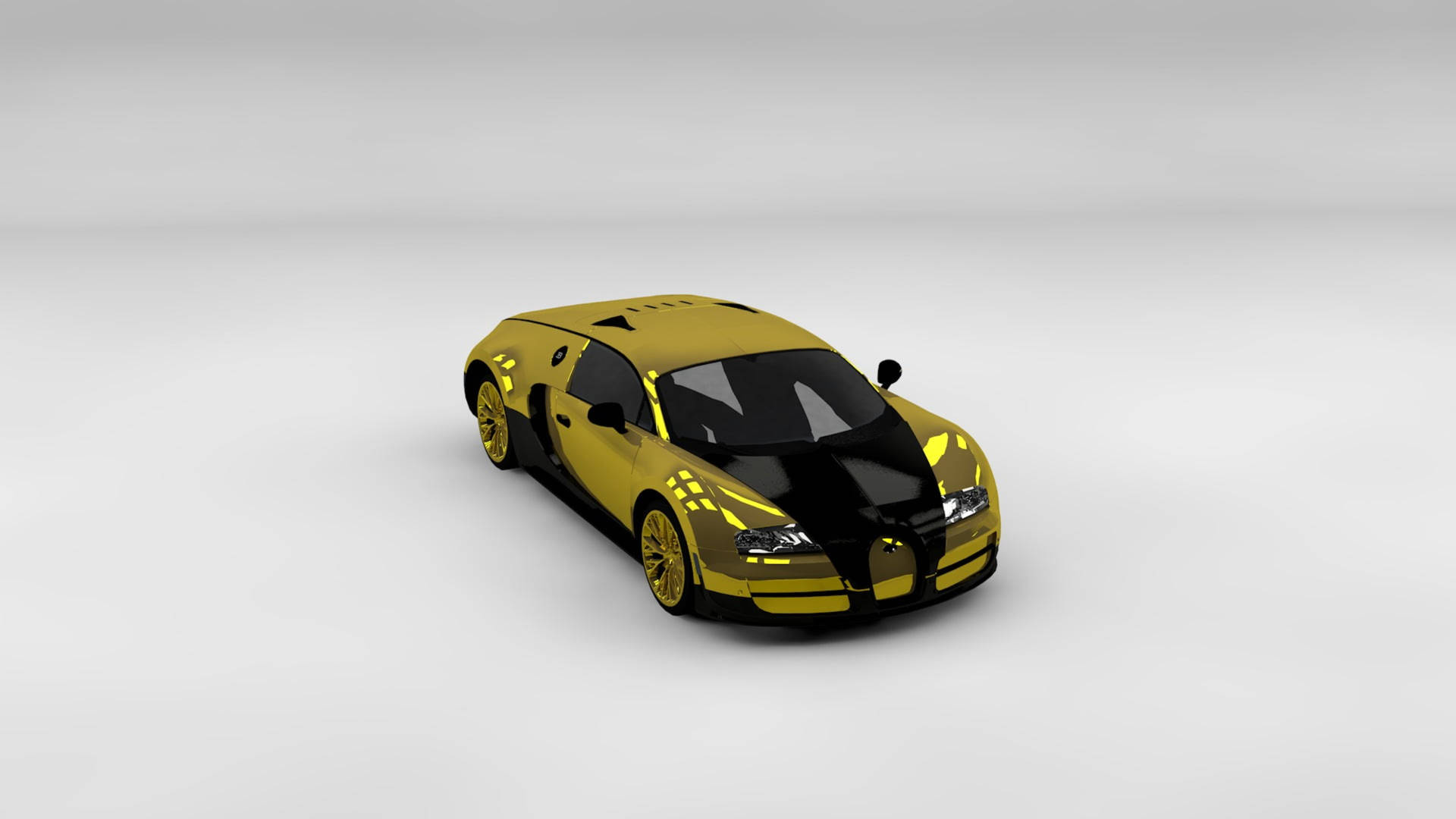 工作室環境中的金色和黑色Bugatti跑車。