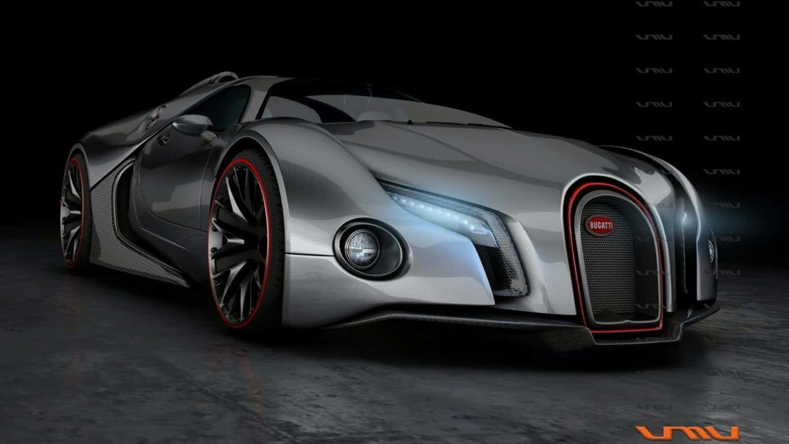 Best Bugatti 桌布 壁紙 — 一輛時尚的銀色 Bugatti 超級跑車，配備紅色裝飾輪圈和發光頭燈，在黑暗的攝影棚中展示。