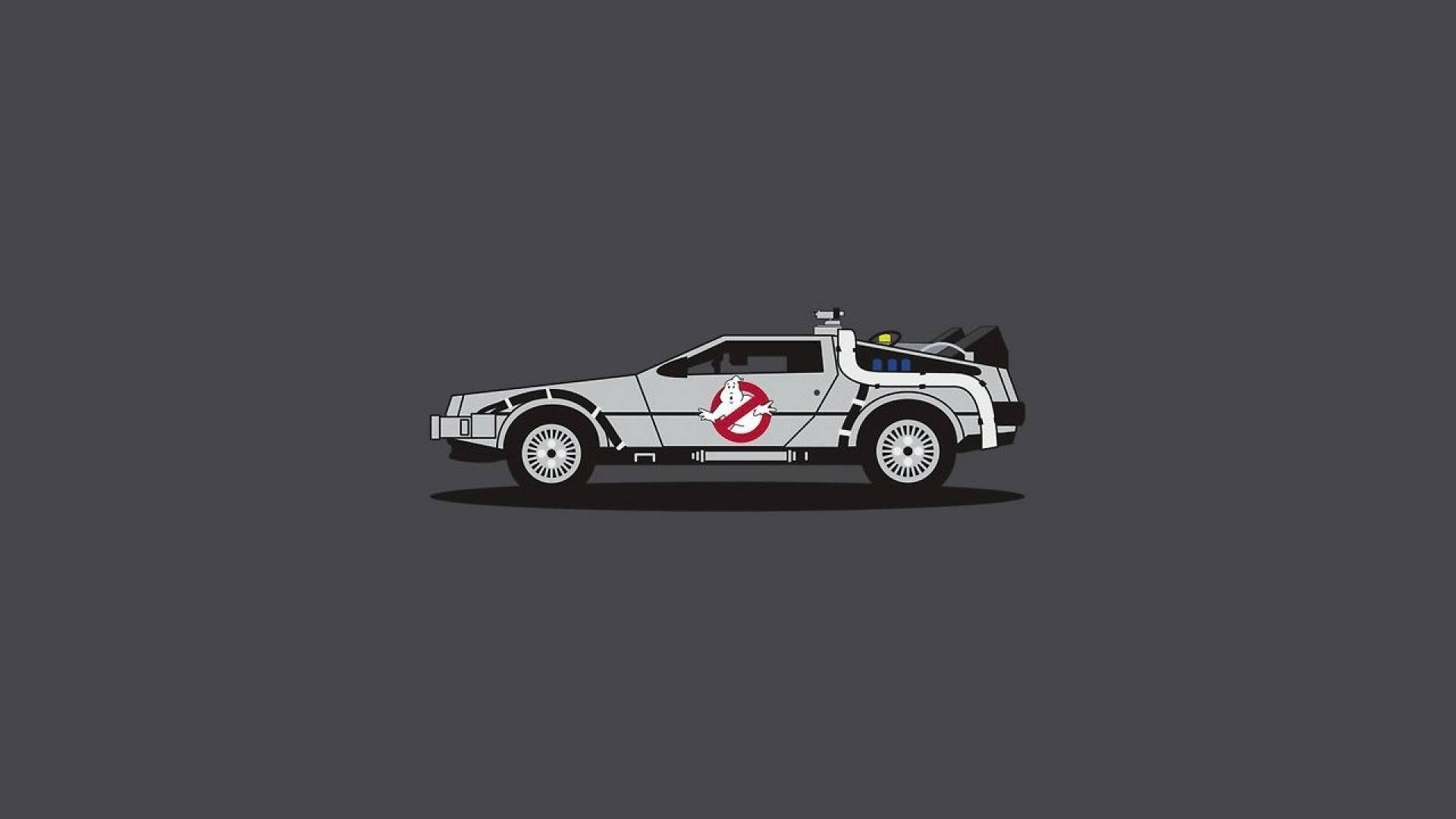 Future 桌布 壁紙 — 一輛時尚的銀色 DeLorean 帶有 Ghostbusters 標誌和通量電容器，位於深灰色背景中央。