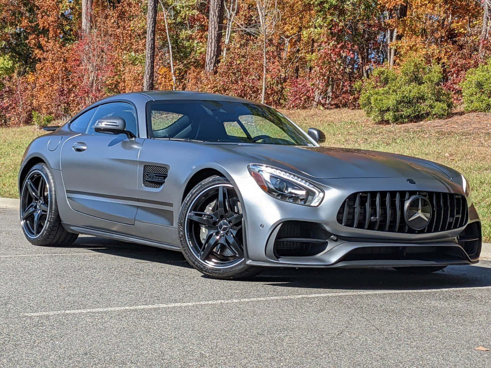 汽車 桌布 壁紙 — 一輛時尚的銀色 Mercedes-AMG GT 跑車停在瀝青路上，背景是秋天的樹葉。