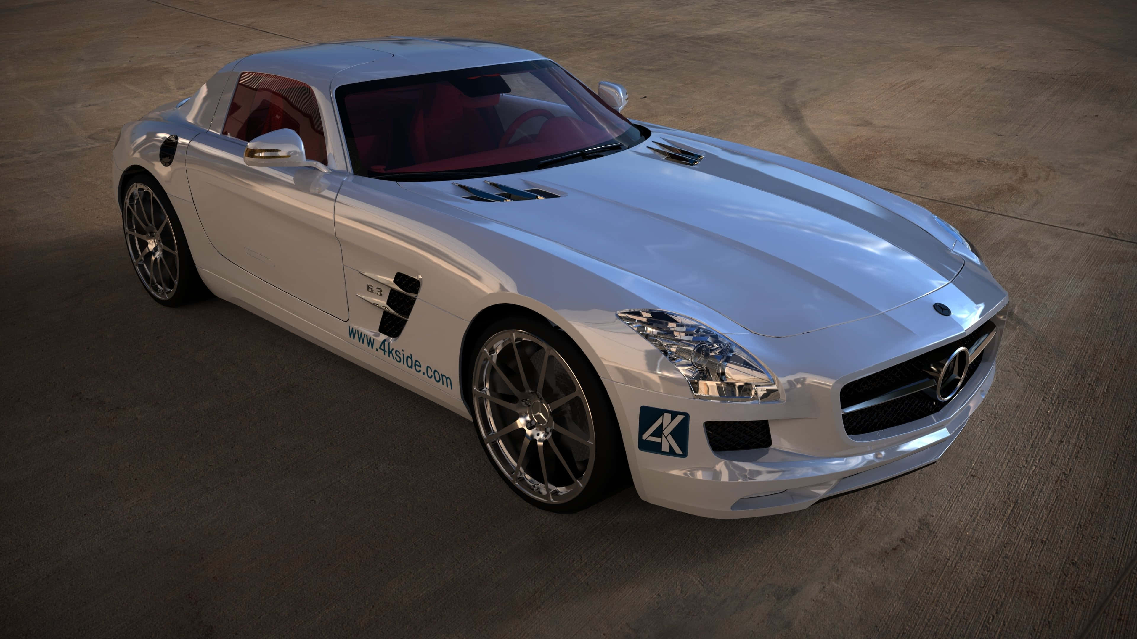 Live Car 桌布 壁紙 — 一輛時尚的銀色 Mercedes SLS AMG 跑車，紅色內裝，停在混凝土表面上，光線柔和。