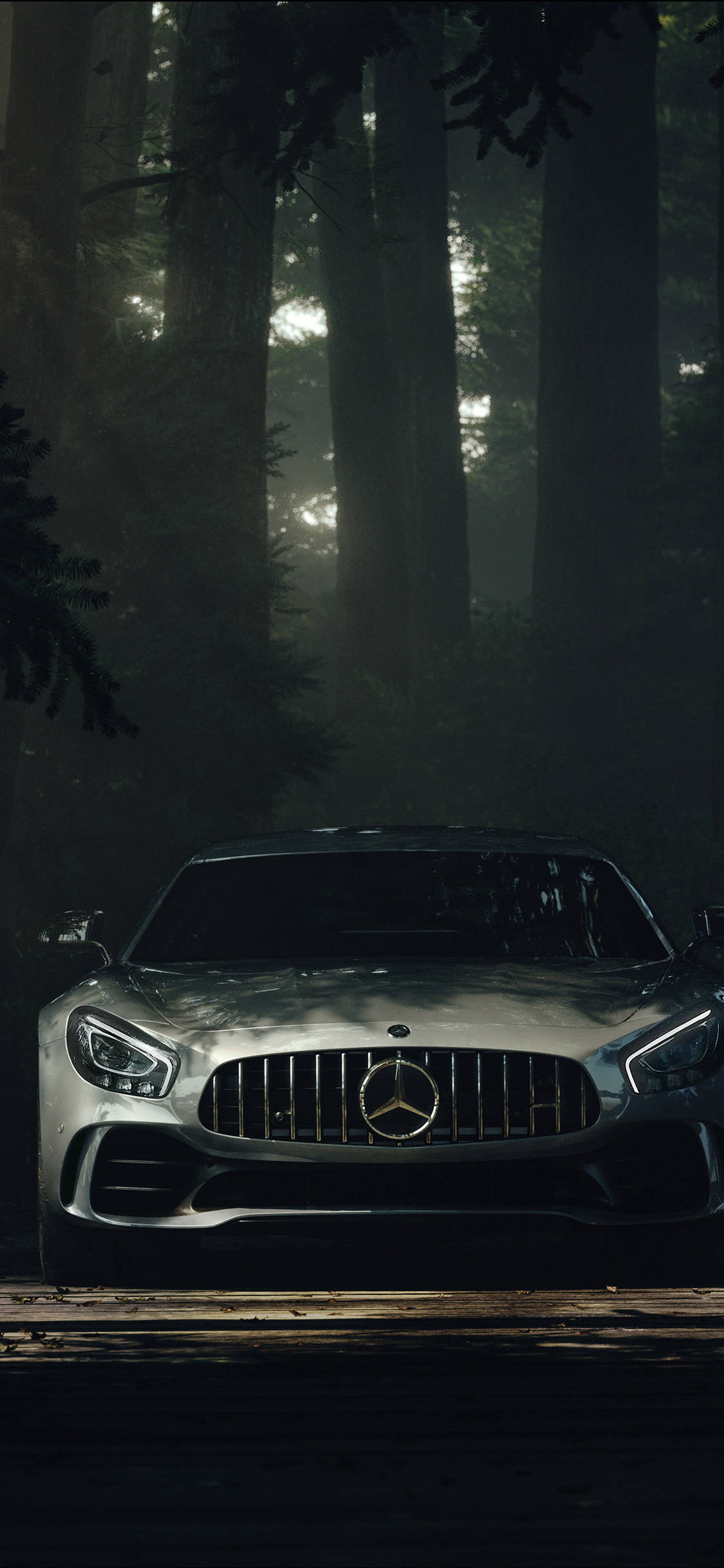 AMG iPhone 桌布 壁紙 — 一輛時尚的銀色 Mercedes-AMG GT 停泊在森林小徑上，周圍有霧氣繚繞的樹木，斑駁的陽光穿過樹冠灑落下來。