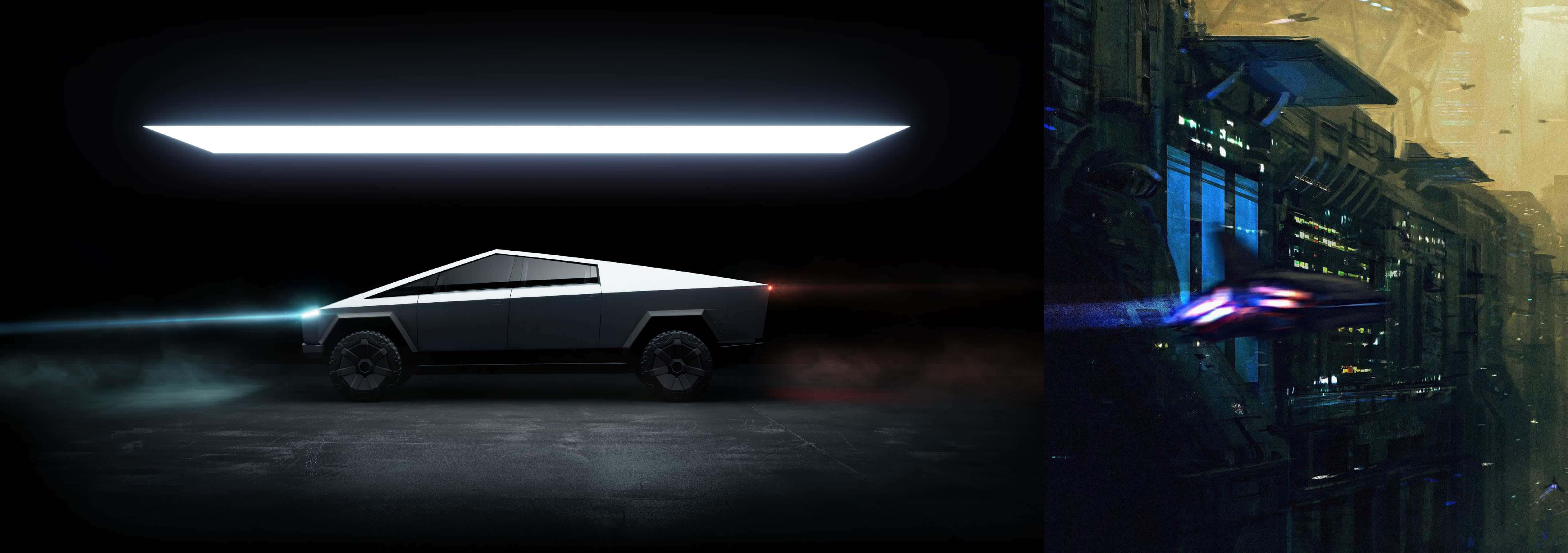 Tesla Cybertruck 桌布 壁紙 — 一輛時尚的銀色 Tesla Cybertruck 在霓虹燈光束下閃耀，而一輛未來主義的飛行汽車在賽博龐克城市景觀中疾馳。
