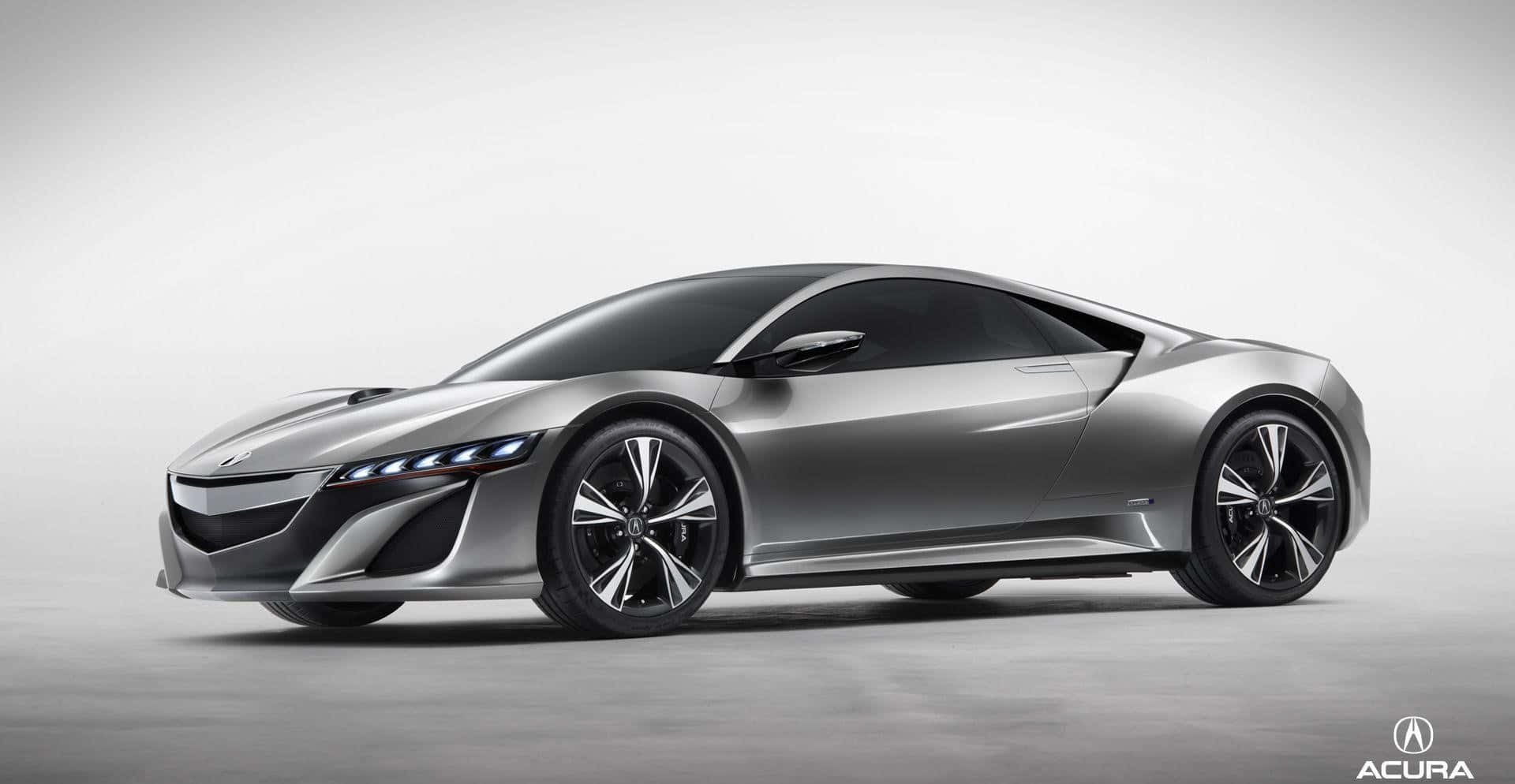 Acura Nsx 桌布 壁紙 — 一輛時尚的銀色Acura跑車，帶有黑色飾邊和發光車頭燈，擺放在極簡灰色工作室背景前。