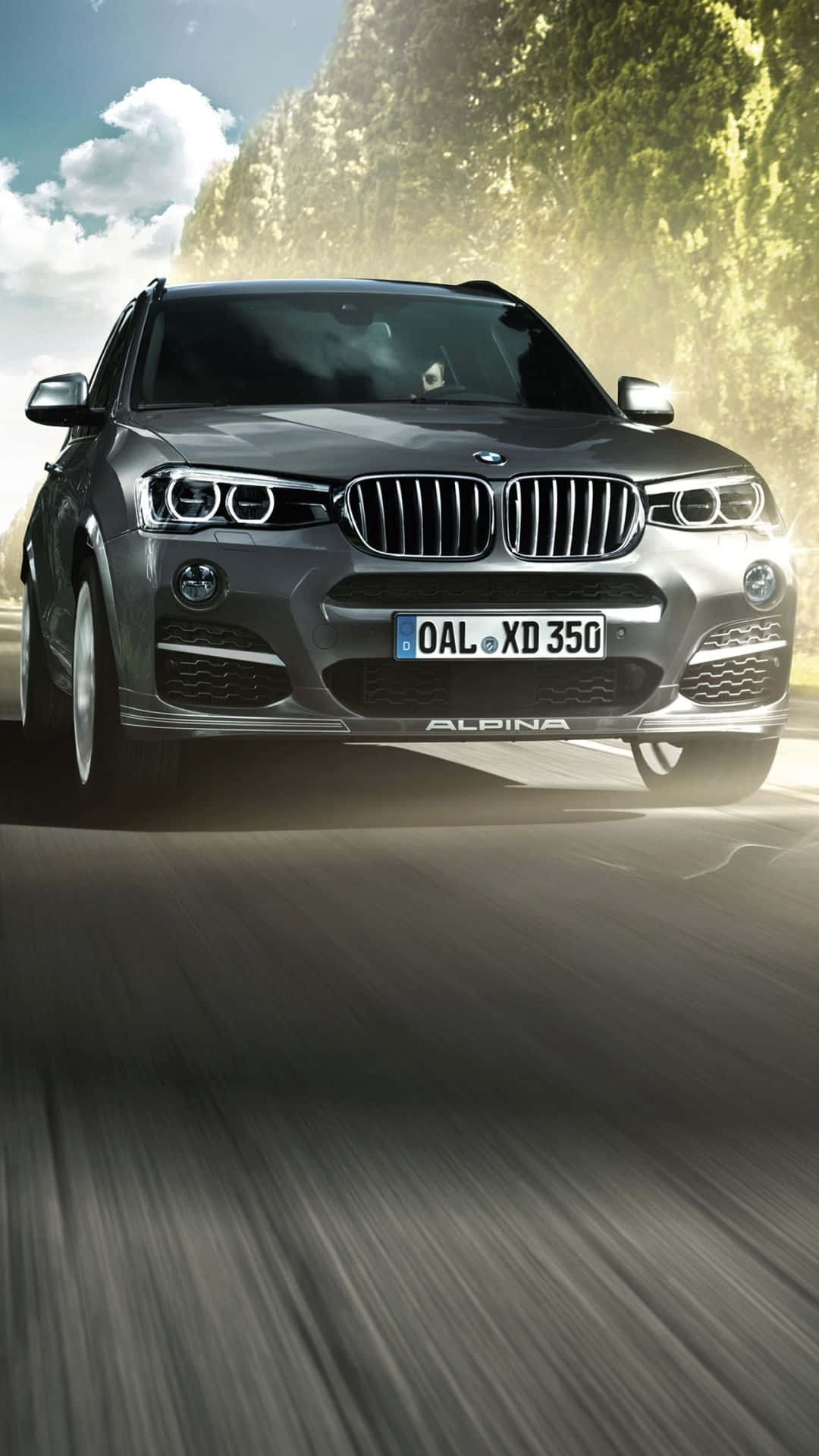 Bmw X3 桌布 壁紙 — 一輛時尚的銀色Alpina BMW SUV在陽光明媚的森林道路上疾馳，動態模糊強調了速度。