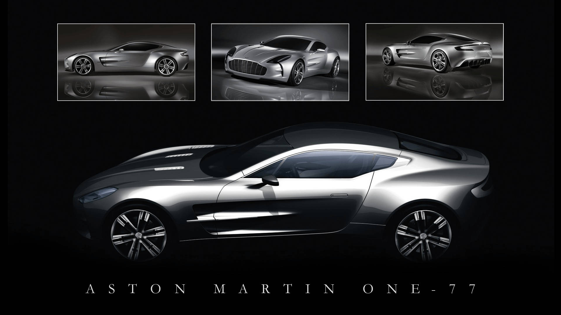 奧斯頓馬丁 桌布 壁紙 — 一輛時尚的銀色Aston Martin One-77跑車在戲劇性的工作室燈光下展示，上方有三個傾斜視角。