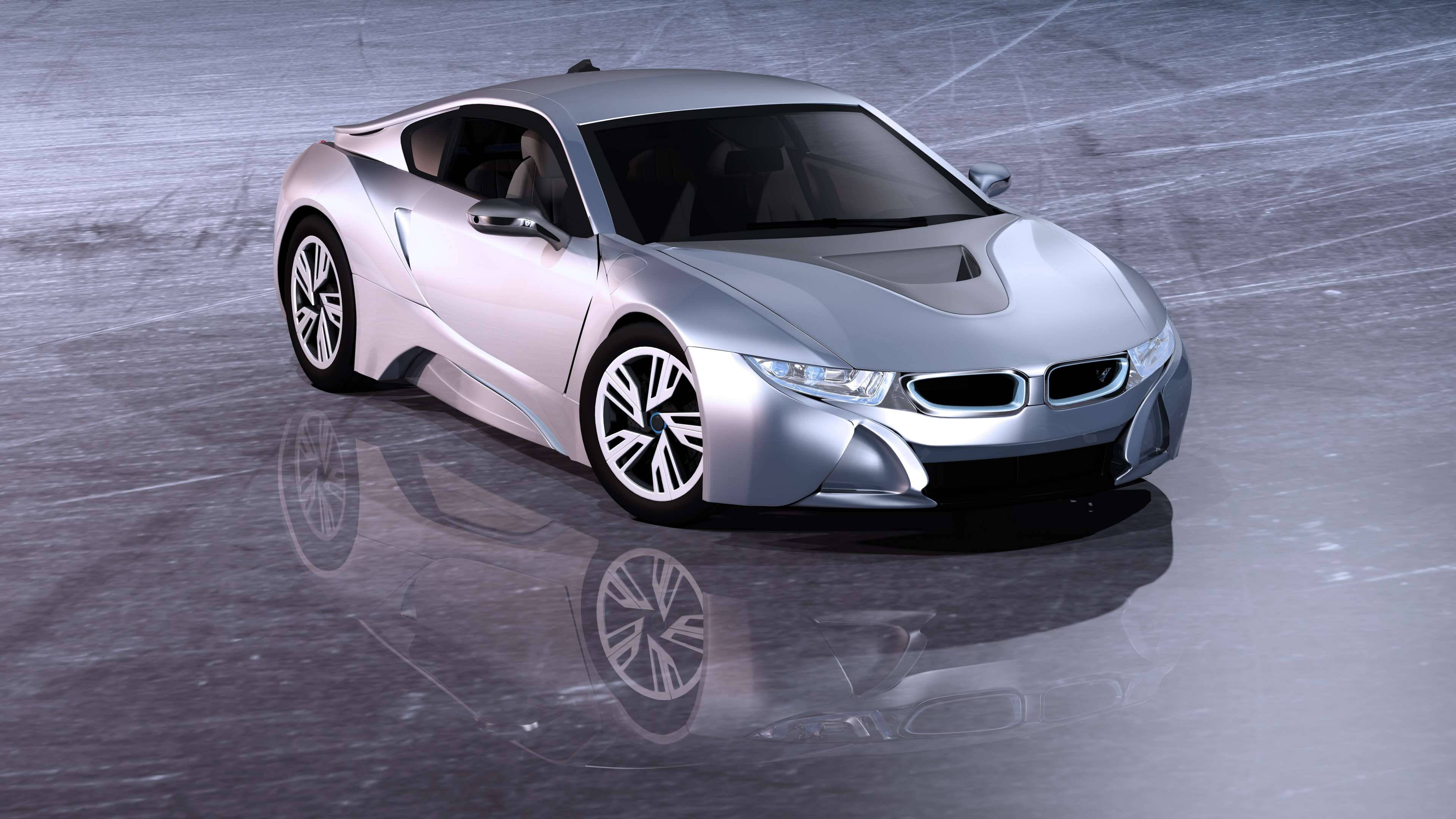 跑車 桌布 壁紙 — 一輛時尚的銀色BMW i8跑車在攝影棚燈光下，於反光混凝土表面上閃閃發光。