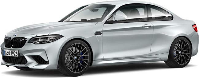 BMW 動圖 桌布 壁紙 — 一輛時尚的銀色BMW M2雙門轎跑車，配備黑色輪圈和藍色制動卡鉗，在黑色背景上以側面展示。