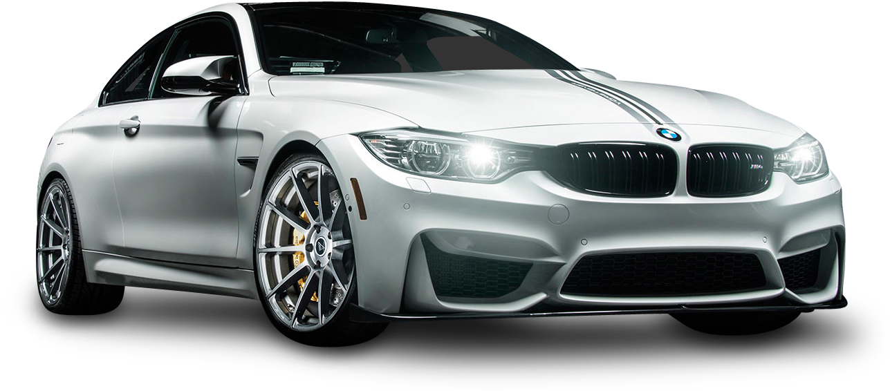 BMW 動圖 桌布 壁紙 — 一輛時尚的銀色BMW M4雙門轎跑車，配備發光頭燈和金色煞車卡鉗，在純黑背景下蓄勢待發。