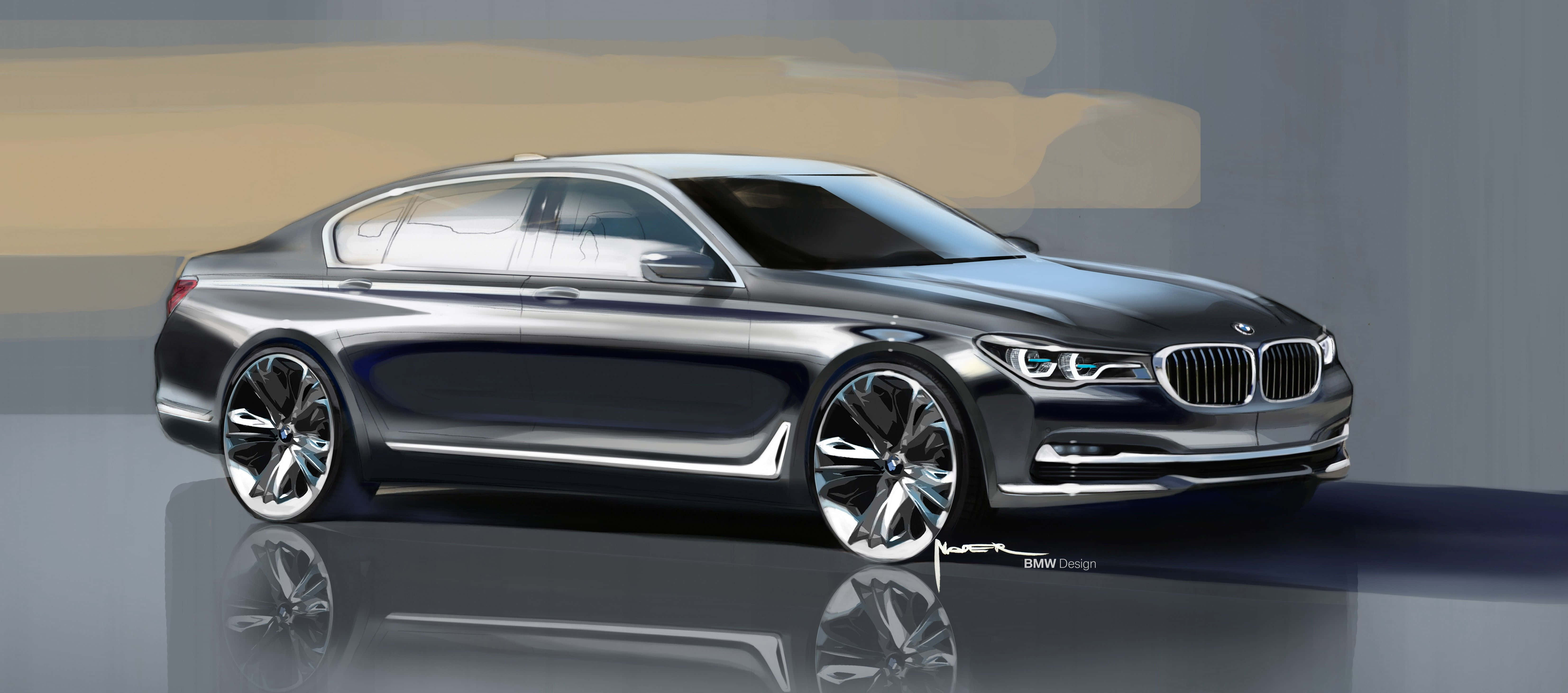 Bmw 7 Series 桌布 壁紙 — 一輛時尚的銀色BMW轎車概念車，帶有鍍鉻裝飾和發光車頭燈，以風格化的數位草圖呈現在反射的攝影棚地板上。