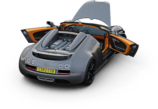 布加迪 桌布 壁紙 — 一輛時尚的銀色Bugatti Veyron，帶有橙色點綴和打開的車門，在黑暗的圓形賽道上展現其強勁引擎。