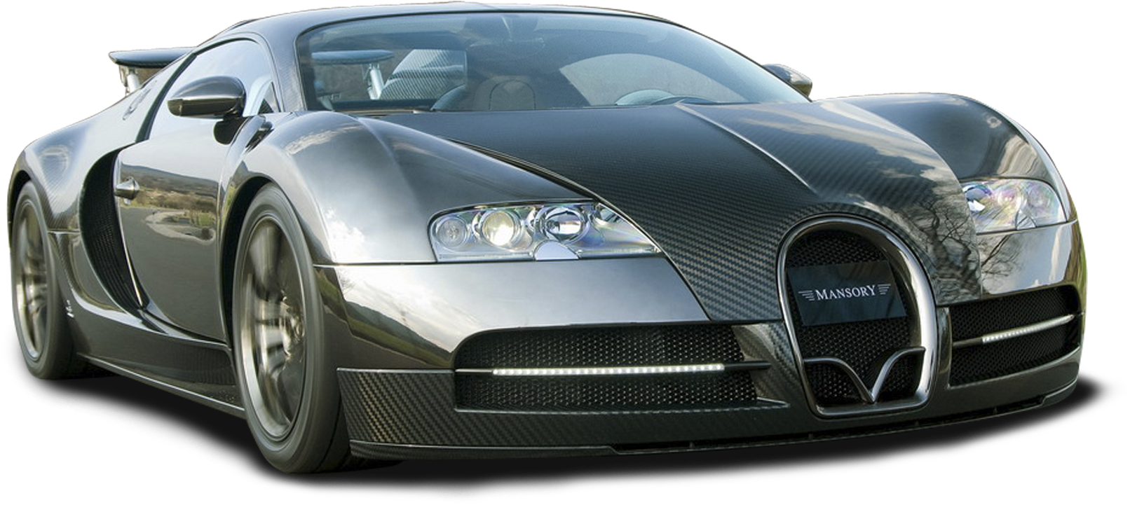 布加迪 桌布 壁紙 — 一輛時尚的銀色Bugatti Veyron，帶有碳纖維飾邊和Mansory品牌標誌，在黑色背景前蓄勢待發。