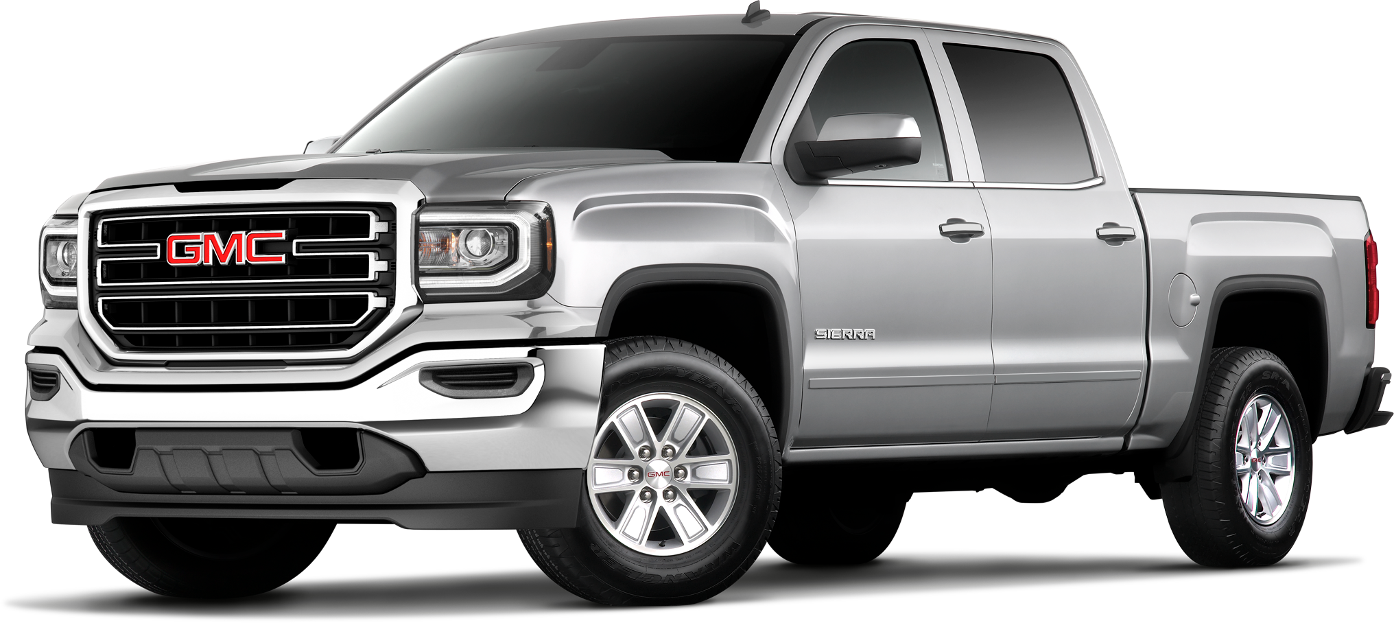 GMC 桌布 壁紙 — 一輛時尚的銀色GMC Sierra皮卡車在乾淨的攝影棚拍攝中展示，帶有鍍鉻裝飾和現代車頭燈。