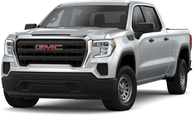 GMC 桌布 壁紙 — 一輛時尚的銀色GMC Sierra皮卡車，在攝影棚拍攝中展現簡潔線條和現代車頭燈。
