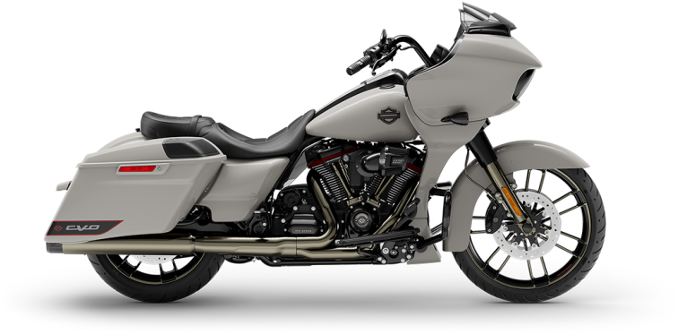 哈雷戴維森 桌布 壁紙 — 一輛時尚的銀色Harley-Davidson CVO摩托車，帶有黑色點綴和鍍鉻細節，在黑色背景上以側面展示。