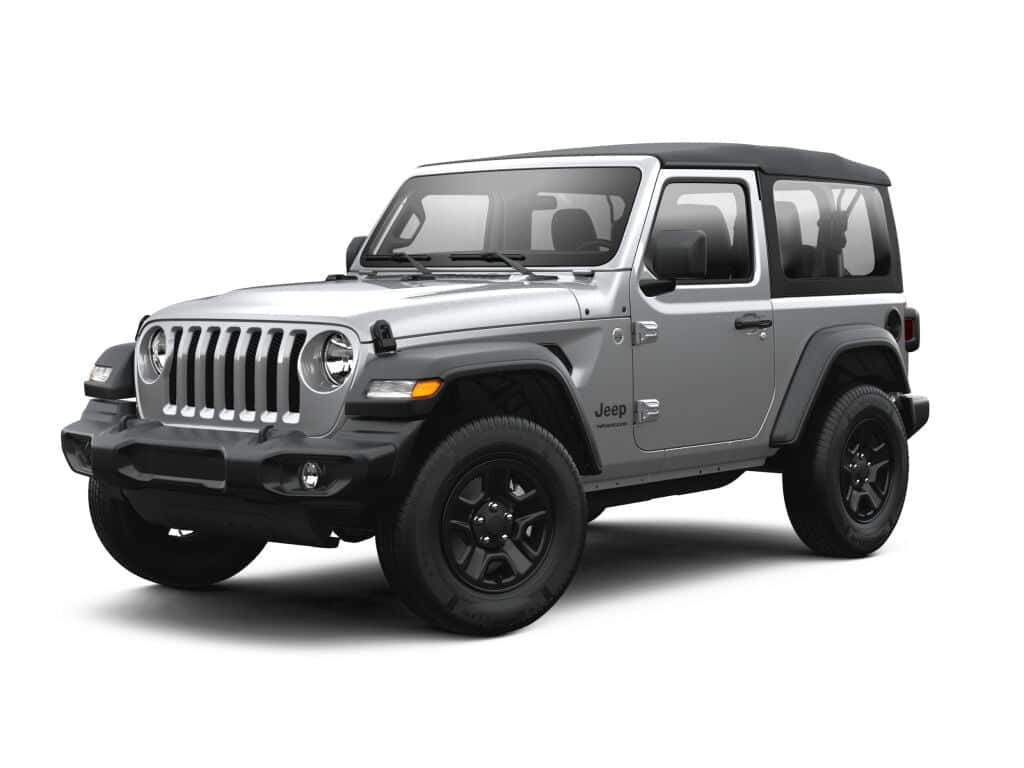 吉普 桌布 壁紙 — 一輛時尚的銀色Jeep Wrangler，帶有黑色飾邊和軟頂，在純白背景前矗立。