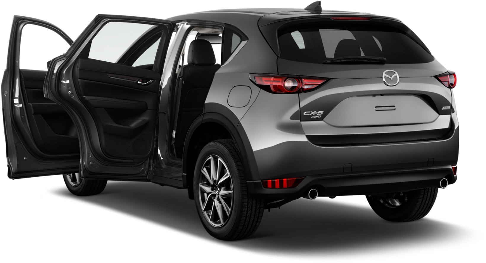 馬自達 桌布 壁紙 — 一輛時尚的銀色Mazda CX-5 SUV，車門打開，在黑色背景下展示其黑色內裝。