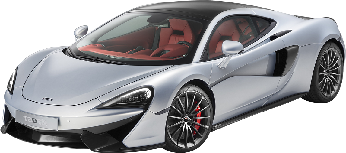 麥拉倫 桌布 壁紙 — 一輛時尚的銀色McLaren 570S跑車，配備紅色內飾和黑色飾邊，在工作室燈光下展示。