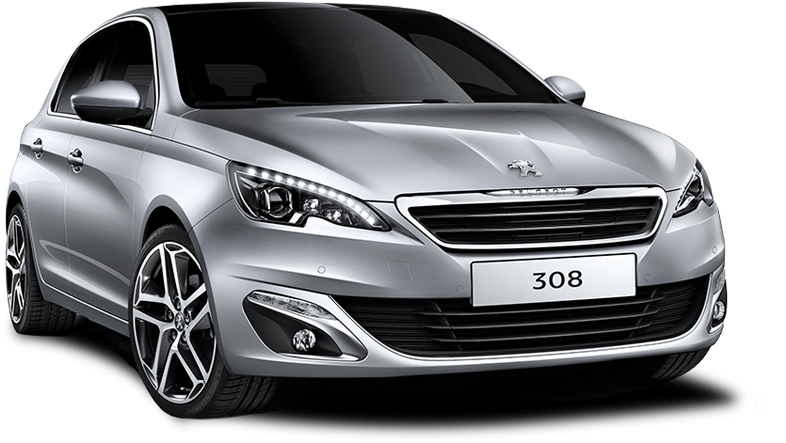 標緻 桌布 壁紙 — 一輛時尚的銀色Peugeot 308轎車在攝影棚燈光下，帶有銳利反射和現代頭燈。