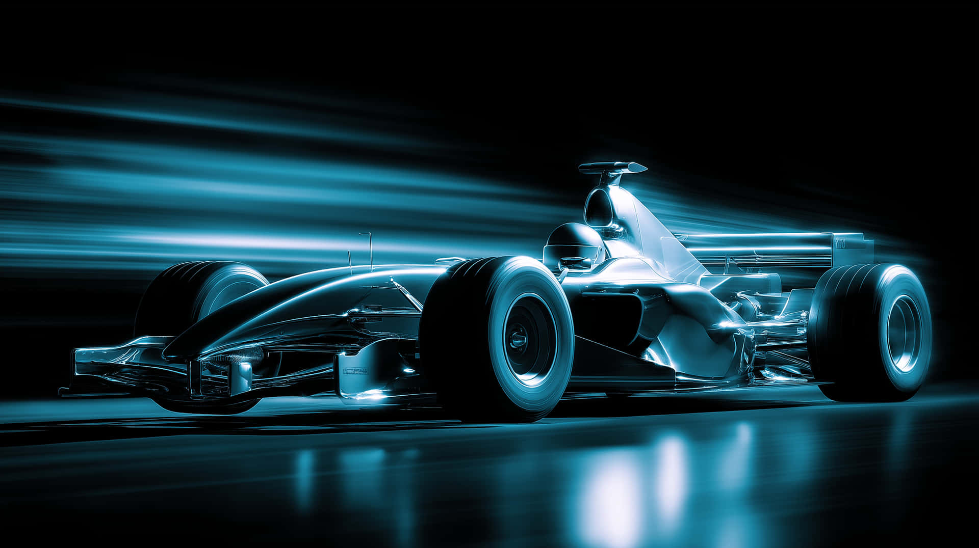 Dynamic Race Car Motion Blur, Speed and Performance Concept 壁紙 — 一輛時尚的銀色一級方程式賽車在黑色背景上，在發光的藍色運動條紋下滑行前進。