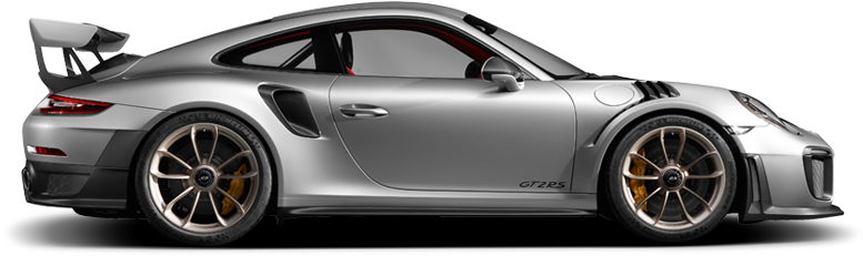 保時捷 桌布 壁紙 — 一輛時尚的銀色保時捷 911 GT2 RS 跑車，配備金色制動卡鉗和大尾翼，在透明背景上以側面展示。