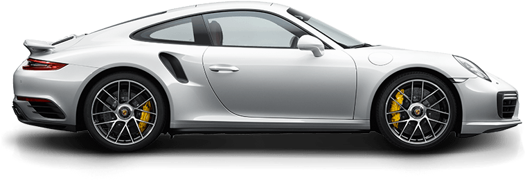 保時捷 桌布 壁紙 — 一輛時尚的銀色保時捷911 Turbo S跑車，帶有黃色制動卡鉗，在黑色背景上以側面輪廓展示。