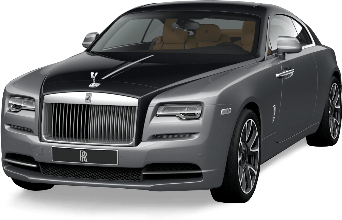 勞斯萊斯 桌布 壁紙 — 一輛時尚的銀色勞斯萊斯 Wraith 雙門轎跑車，配備黑色車頂和棕褐色皮革內飾，在工作室燈光下展示。