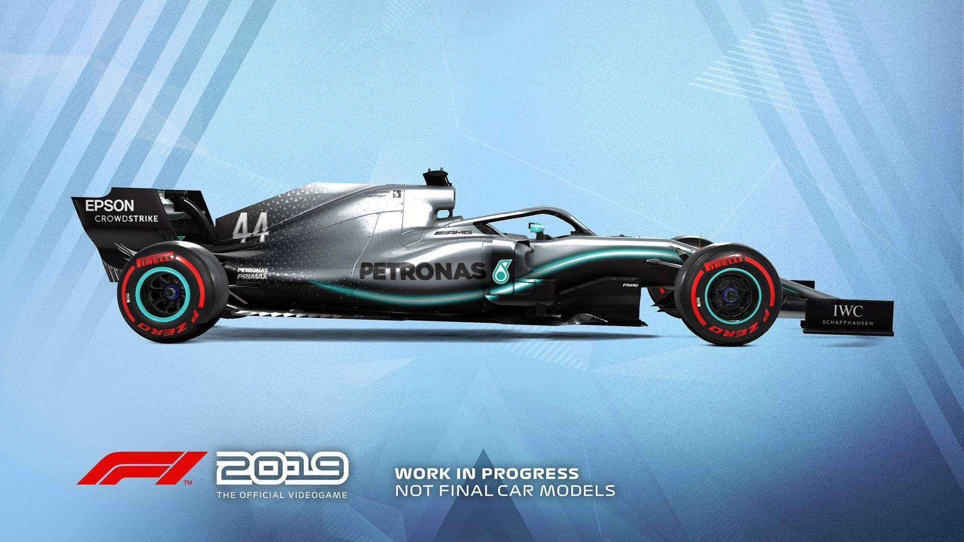 Formula One 桌布 壁紙 — 一輛時尚的銀色和藍綠色一級方程式賽車，帶有44號和贊助商標誌，在風格化的藍色幾何背景前展示。