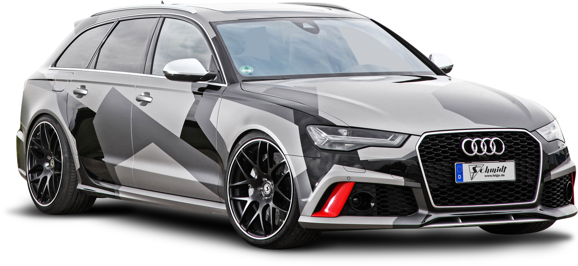 Cool Car 桌布 壁紙 — 一輛時尚的銀色奧迪RS6 Avant旅行車，帶有醒目的黑色幾何圖案貼紙和紅色點綴，背景為黑色。