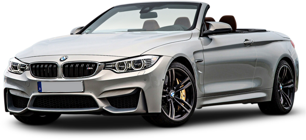 BMW 動圖 桌布 壁紙 — 一輛時尚的銀色寶馬敞篷跑車，配備黑色輪圈和金色制動卡鉗，在黑色背景前展示。