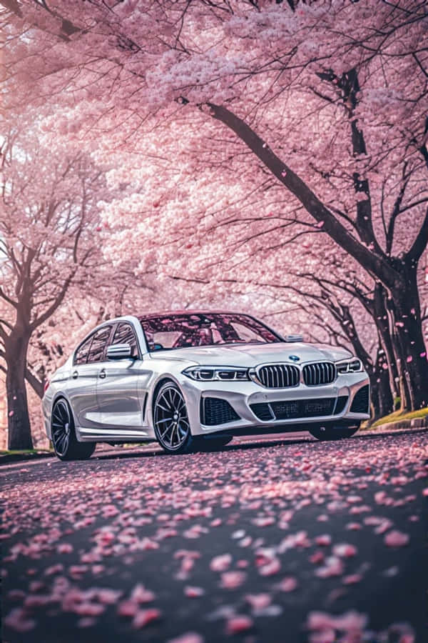 Cherry Blossoms 桌布 壁紙 — 一輛時尚的銀色寶馬轎車停放在充滿活力的粉紅色櫻花樹冠下，花瓣散落在路上。