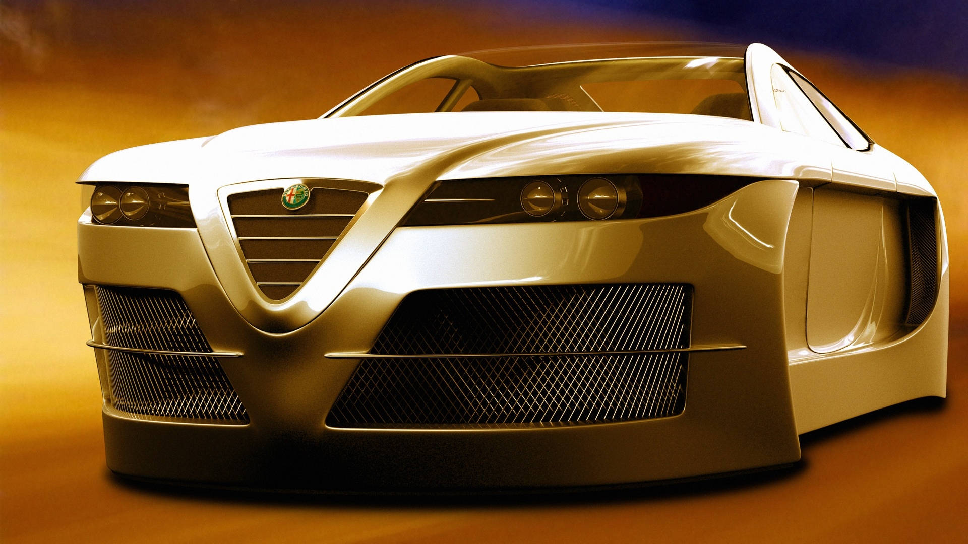 alfa romeo iPhone 桌布 壁紙 — 一輛時尚的銀色愛快羅密歐跑車在溫暖的金色光芒下閃耀，背景是橙色和藍色的漸變天空。
