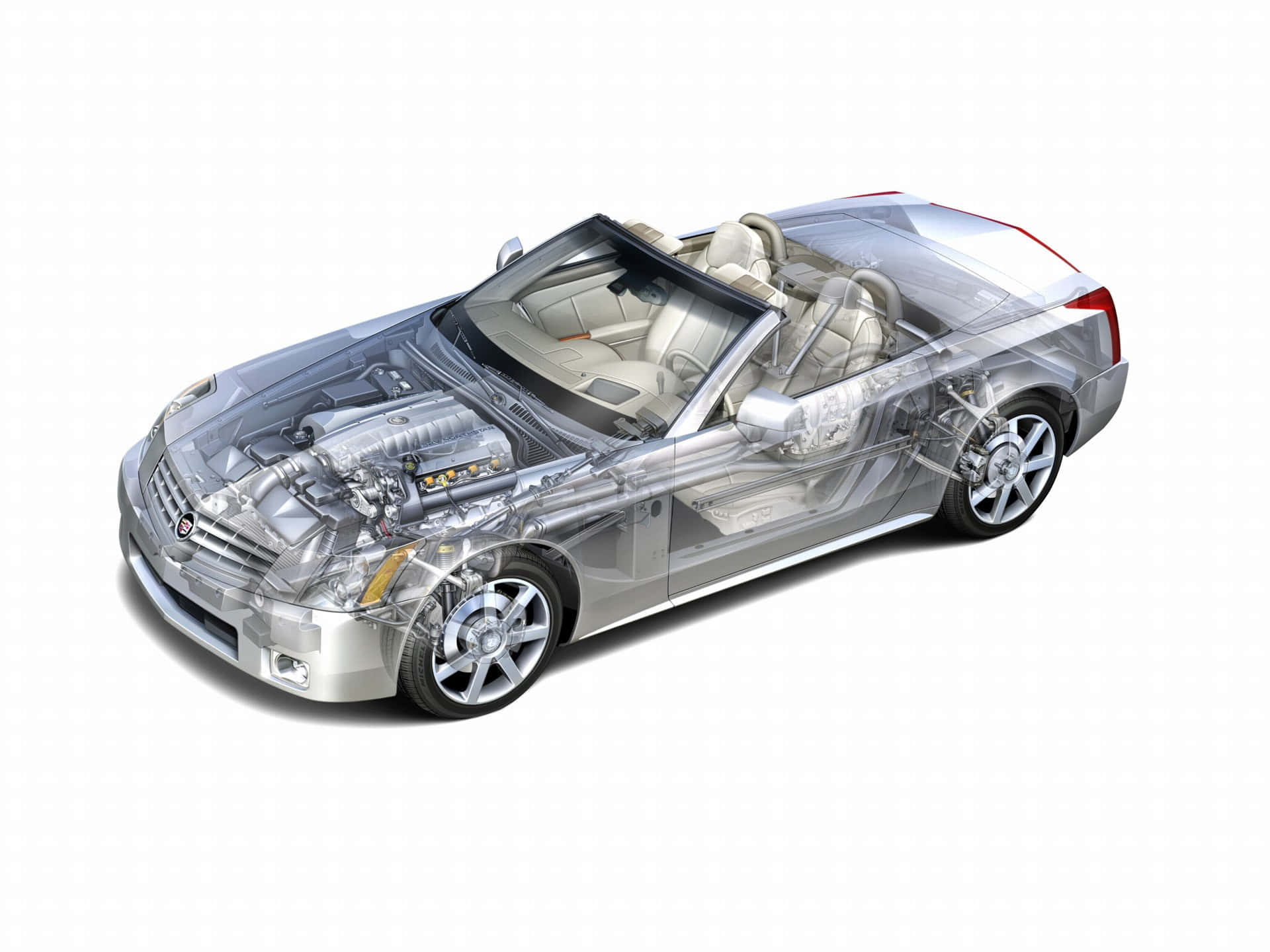 Cadillac Xlr 桌布 壁紙 — 一輛時尚的銀色敞篷車，透明車身揭示複雜的引擎和內部機械結構，背景為純白色。