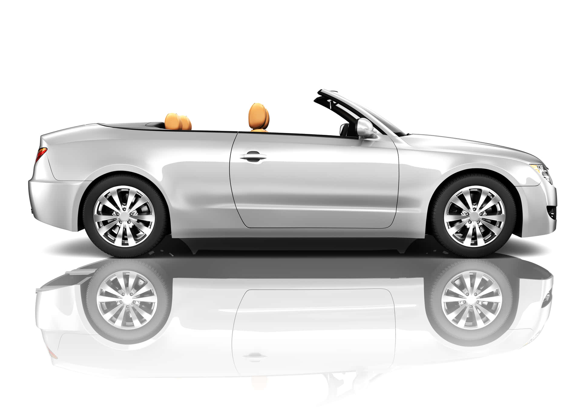 Silver Luxury Sports Car 壁紙 — 一輛時尚的銀色敞篷車，配備棕褐色座椅，在白色背景上以側面輪廓展示，帶有光澤反射。