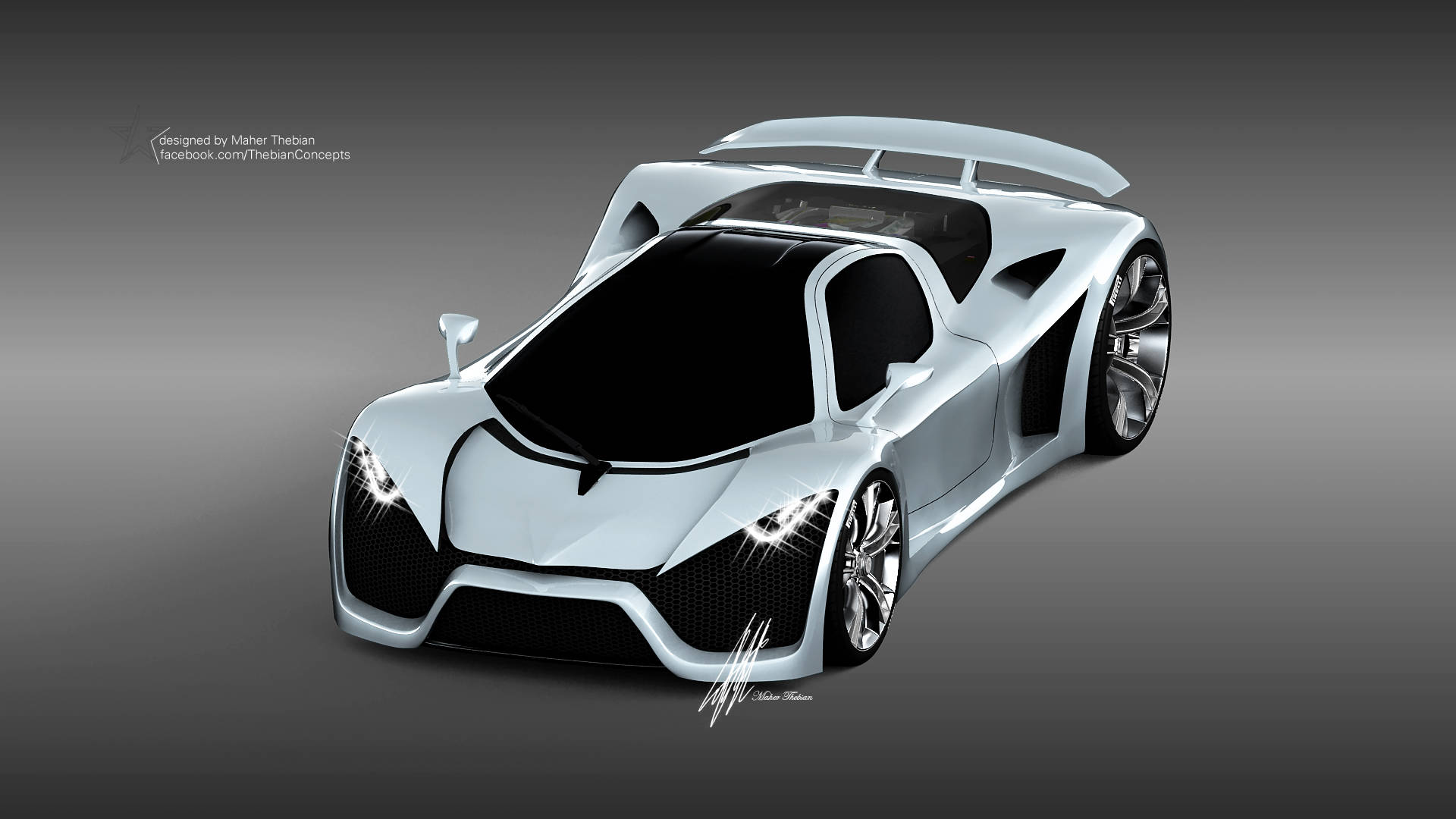 pagani iPhone 桌布 壁紙 — 一輛時尚的銀色未來主義跑車，帶有黑色裝飾和發光車頭燈，背景為漸變灰色。