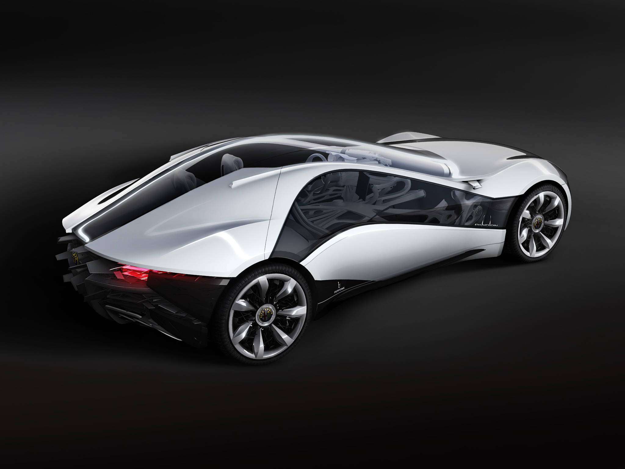 alfa romeo iPhone 桌布 壁紙 — 一輛時尚的銀色未來主義跑車，帶有黑色飾邊和發光的紅色尾燈，在黑暗的攝影棚背景下展示。
