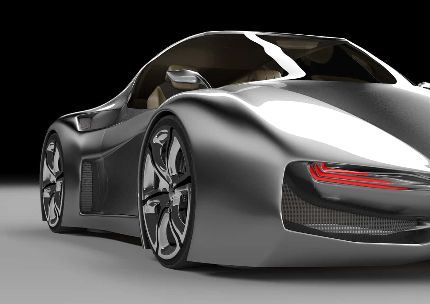 Car Design 桌布 壁紙 — 一輛時尚的銀色未來主義跑車，帶有發光的紅色尾燈和空氣動力學曲線，以深色工作室背景為襯托。