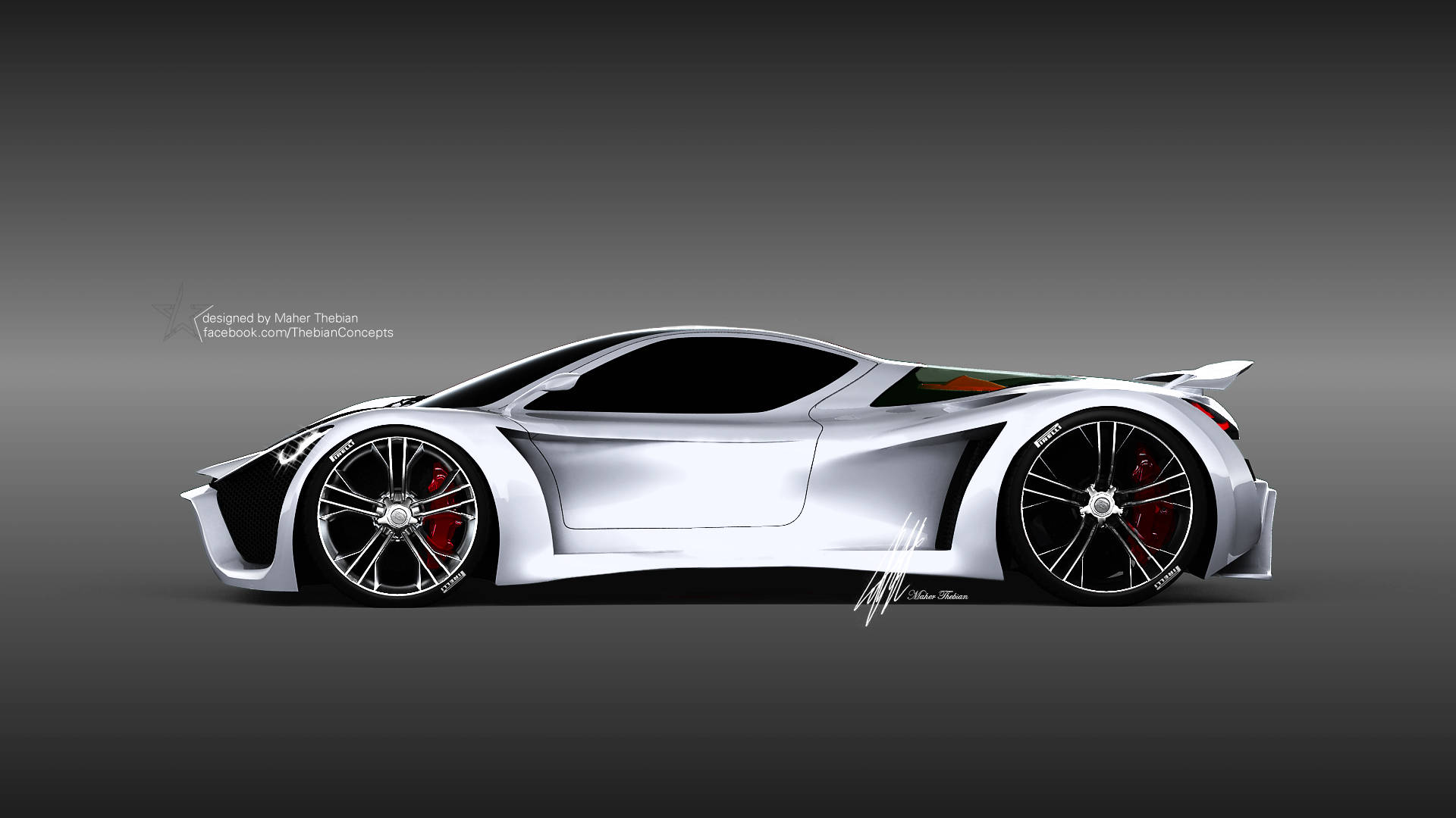 pagani iPhone 桌布 壁紙 — 一輛時尚的銀色未來主義跑車，帶有紅色制動卡鉗和黑色輪轂，在深灰色工作室背景中以側面展示。