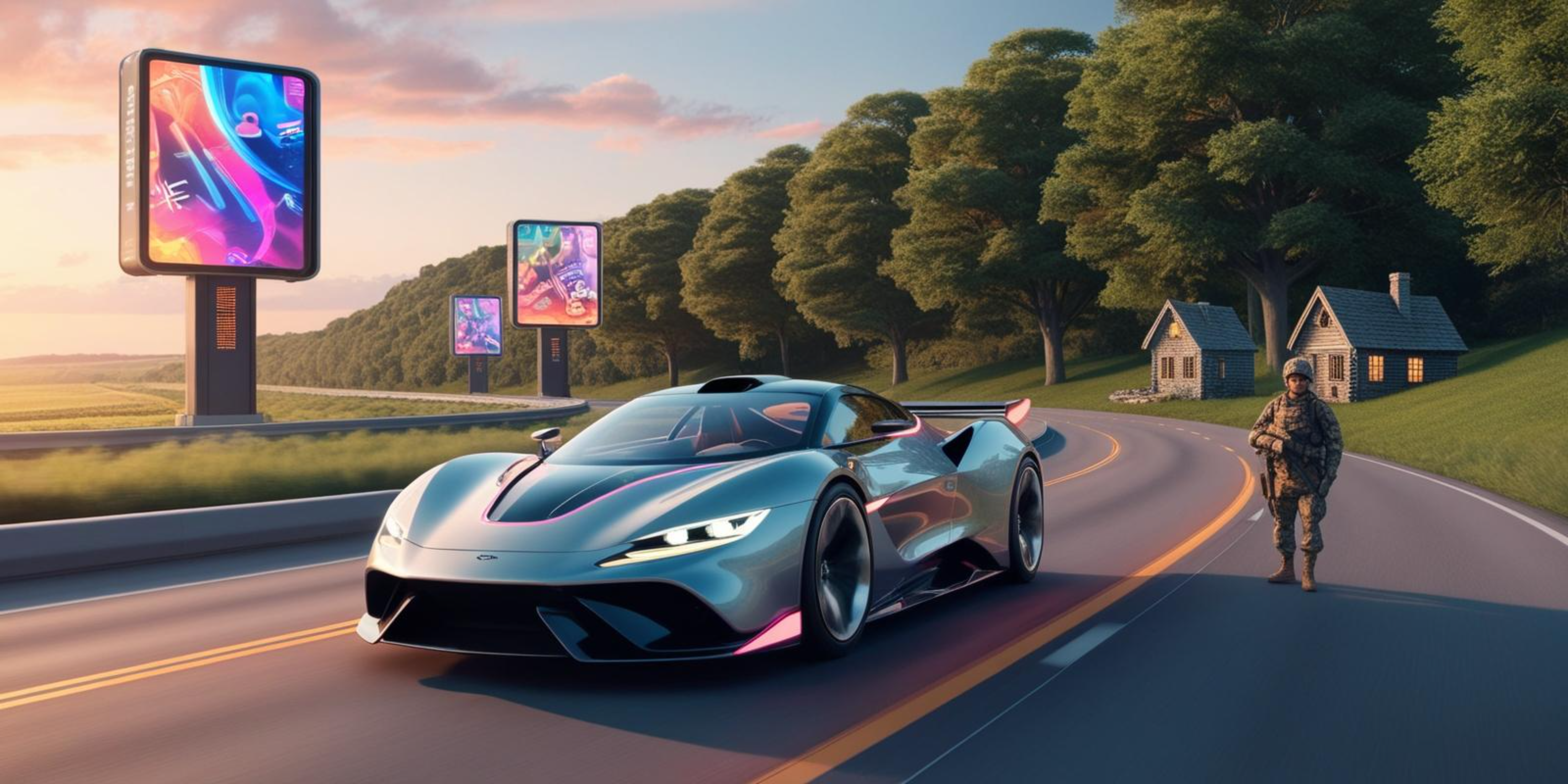 Luxury 桌布 壁紙 — 一輛時尚的銀色未來主義跑車在蜿蜒的道路上行駛，經過數位廣告看板，一名士兵在質樸的小屋附近站崗。