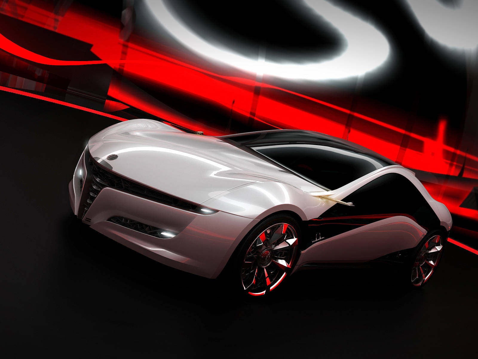 alfa romeo iPhone 桌布 壁紙 — 一輛時尚的銀色未來感汽車，帶有發光的紅色點綴，在動態的紅色和黑色抽象背景前展示。