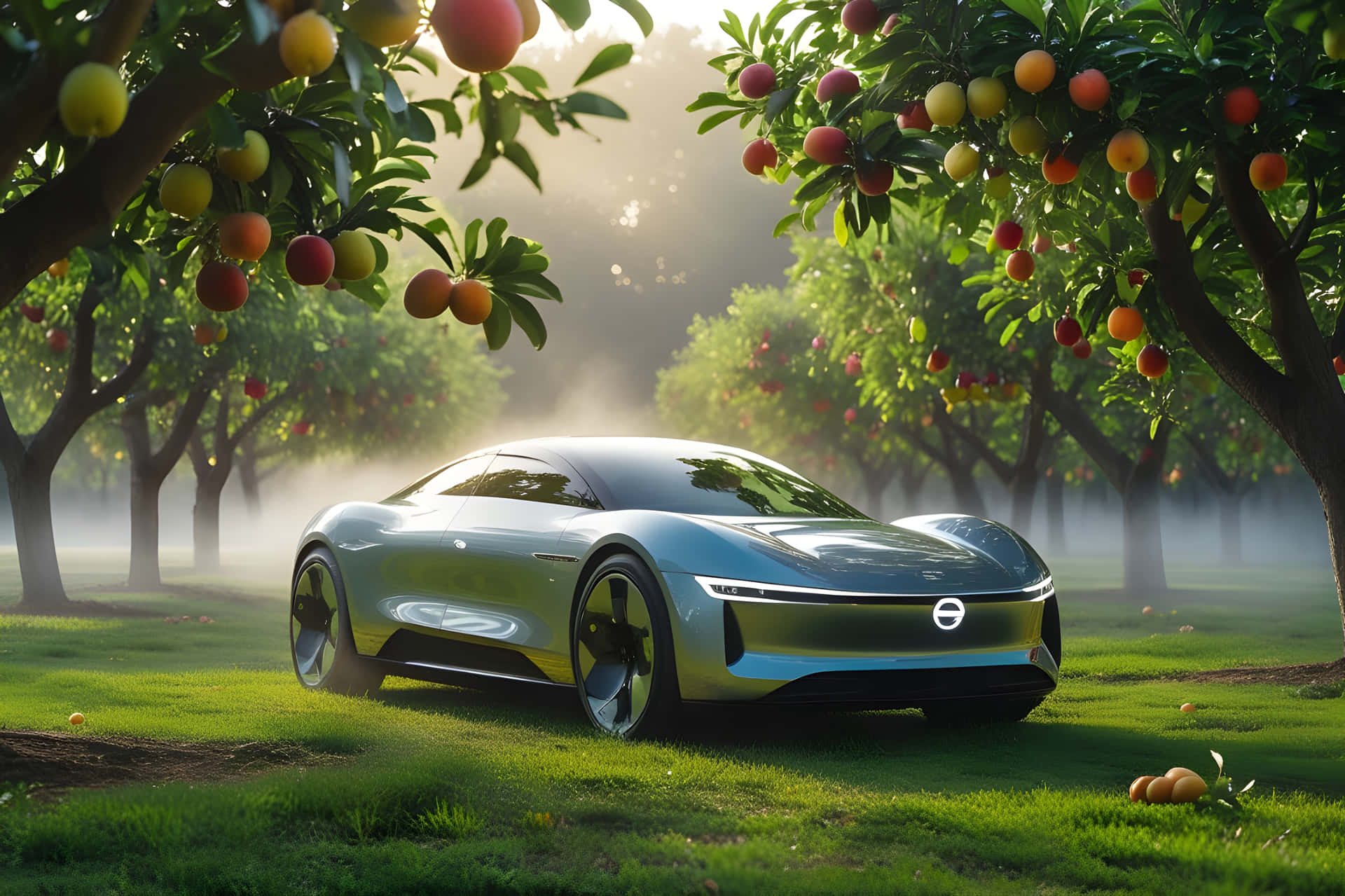 A beautiful car in the fruits garden 壁紙 — 一輛時尚的銀色未來汽車在陽光明媚的果園中滑行，成熟的橙子掛在茂密的綠樹上。