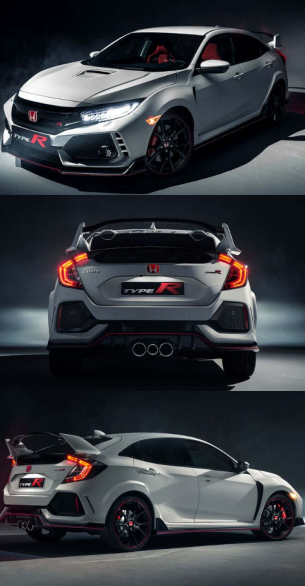 Hatchback 桌布 壁紙 — 一輛時尚的銀色本田Civic Type R跑車，以三個動態工作室角度展示，帶有發光的頭燈和尾燈。