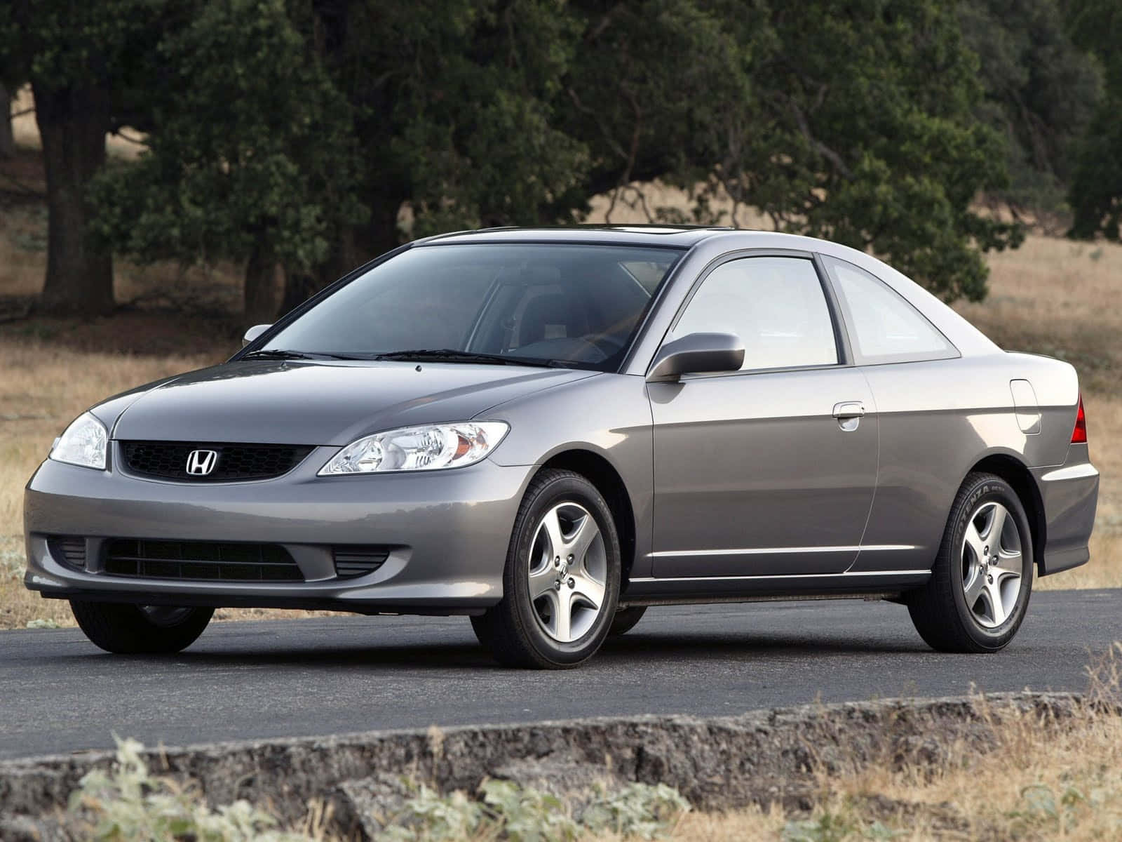 Honda Civic 桌布 壁紙 — 一輛時尚的銀色本田轎跑車停在路邊，背景有樹木和乾草。