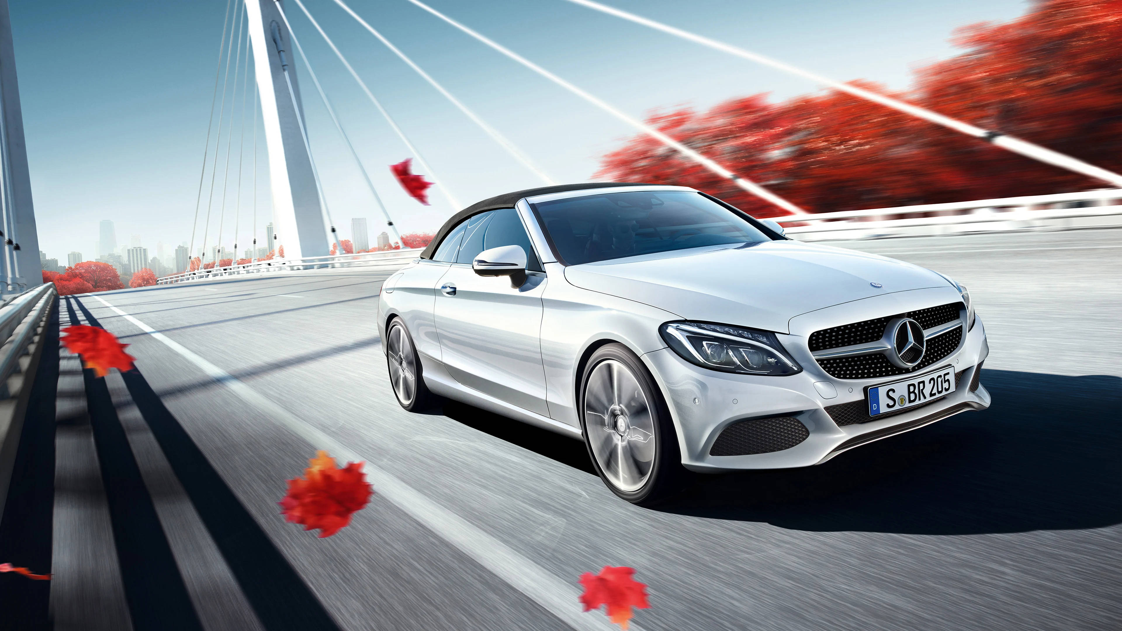 Mercedes 桌布 壁紙 — 一輛時尚的銀色梅賽德斯敞篷車在現代斜張橋上疾馳，紅色秋葉在空中旋轉。
