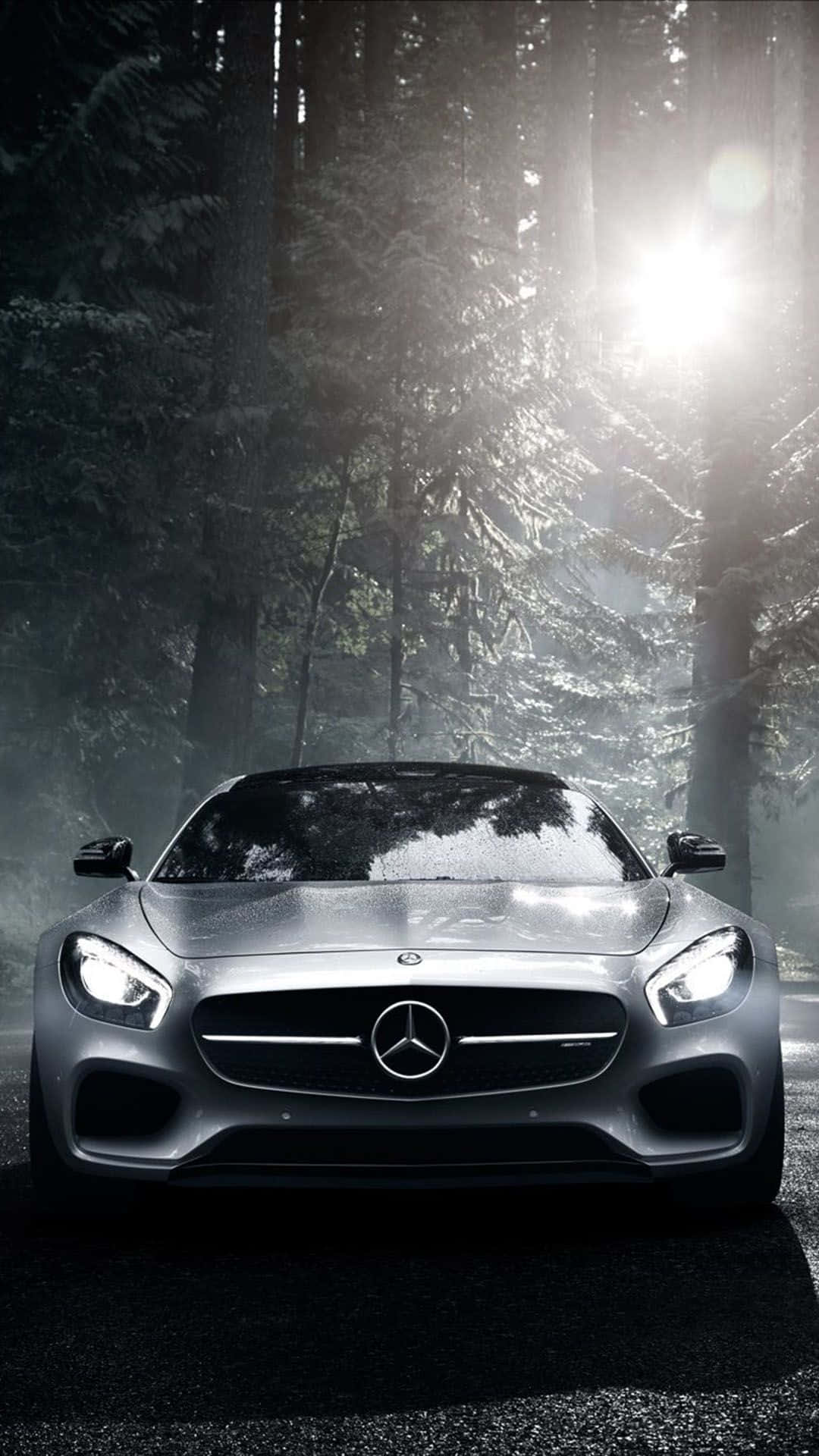 Mercedes 桌布 壁紙 — 一輛時尚的銀色梅賽德斯跑車在穿過濃密霧林的明亮陽光下閃閃發光。
